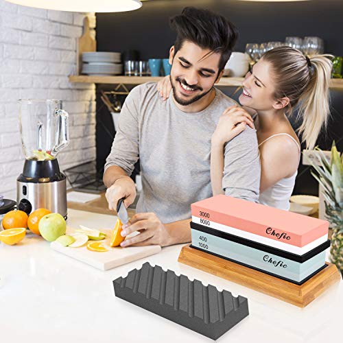 Whetstone Set Premium 2-IN-1 Sharpening Stone 3000/8000 and 400/1000 Grit Waterstone Kit - Knife Sharpener Stone Set Safe Non-Slip Bamboo Base Flattening Stone Included, Polishing Tool for Kitchen