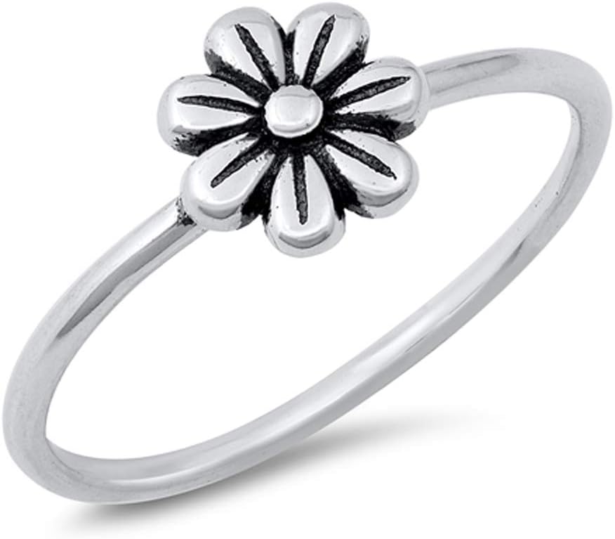Oxidized Daisy Polished Retro Ring New .925 Sterling Silver Band Sizes 4-10