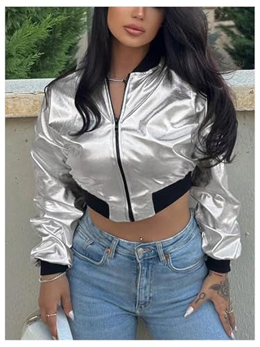 WDIRARA Women's Metallic Zip Up Crop Jacket Long Sleeve Outerwear3