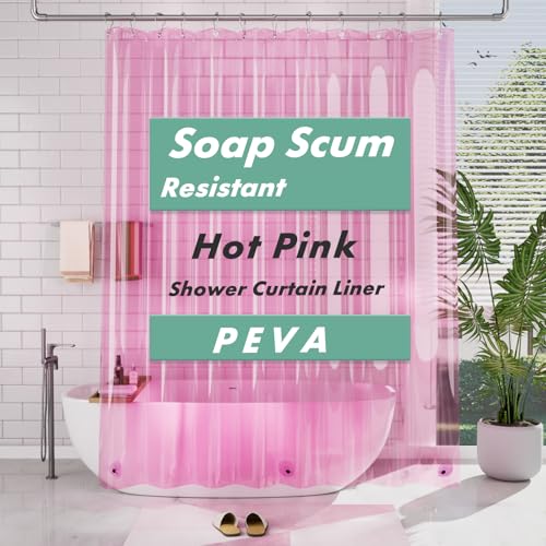 AmazerBath 72x78 Long Shower Curtain Liner Clear Pink Plastic Shower Liner Waterproof PEVA Shower Liners Cute Lightweight Shower Curtains for Bathroom with 3 Magnets & 12 Rustproof Grommets