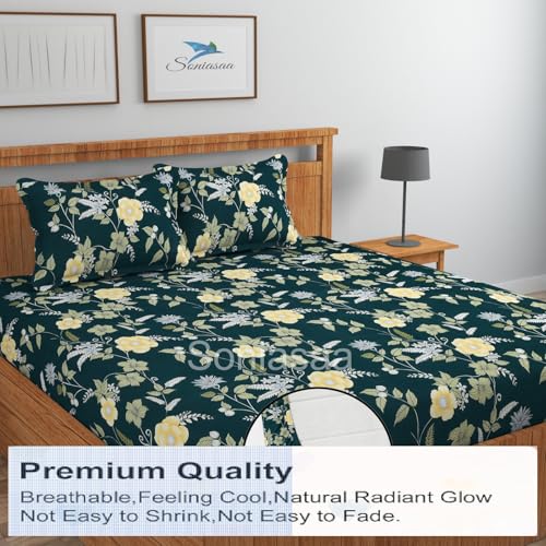 Image of 210 TC Glace-Cotton All Around Elastic Fitted Bedsheet, Elastic Fitted Bedsheet King Size Bedsheet for Double Bed with 2 Pillow Covers, Size - 72 x 78 x 8 Inch Color Green