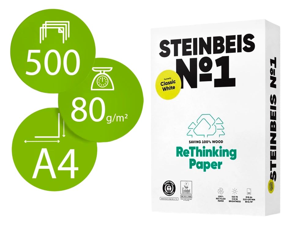 Papel Reciclado 100% Steinbeis Nº1 - DIN A4, 80g/m², Paquete de 2500 Hojas Ecológicas (Caja de 5 paquetes de 500 hojas) para Impresoras y Fotocopiadoras