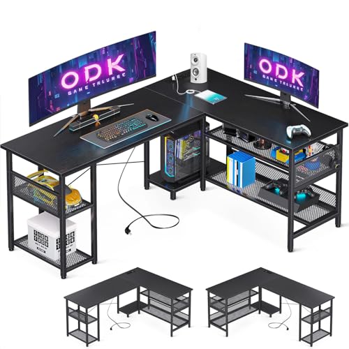Odk Escritorio Gaming En Forma De L Con Diseño Reversible, Escritorio Con Gran Almacenamiento, Escritorio Esquinero Negro Con 2 Enchufes Y 2 Puertos Usb, 150 102 Cm Odk Escritorio Gaming En Forma De L Con Diseño Reversible, Escritorio Con Gran Almacenamiento, Escritorio Esquinero Negro Con 2 Enchufes Y 2 Puertos Usb, 150 102 Cm