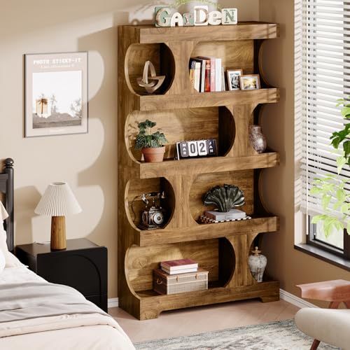 Image of Tribesigns 71 inch Tall Bookcase, 4-Tier S-Shaped Bookshelf, Wood Decorative Storage Shelving, Modern Freestanding Display Shelves, Large Library Book Shelf Unit for Home Office Living Room Bedroom, Brown