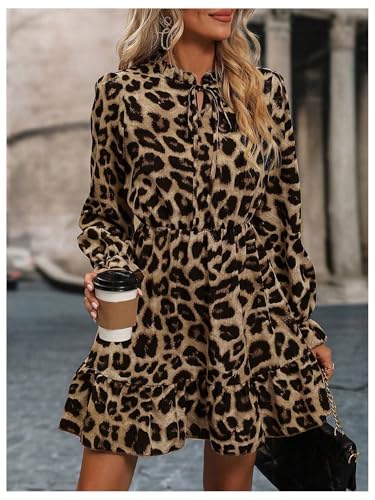 Image of Floerns Women's Leopard Print Tie Neck Party Dress Layered Long Sleeve A Line Dresses