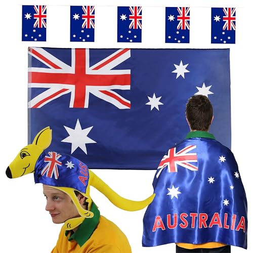 Chapeau de kangourou et cape drapeau australien avec fanions pour supporter de foot