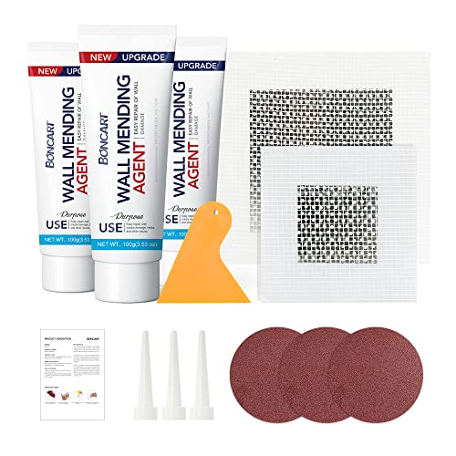 Image of BONCART Spackle Wall Repair Kit, 3-Pack Wall Mending Agent with Tools | Includes Scraper, Sandpaper, And Aluminum Patches. For Cracks And Nail Holes.