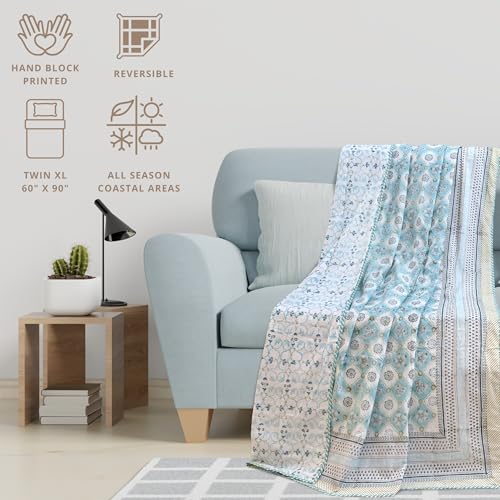 Image of TOAIArt Premium Jaipuri Dohar | AC Blanket Summer Quilt | Hand Block Printed | 3 Layers | Reversible | 150GSM 100% Mulmul Cotton | 100% Cotton Flannel Filling | Single 60 inch X 90 inch |Small Blue Jaal