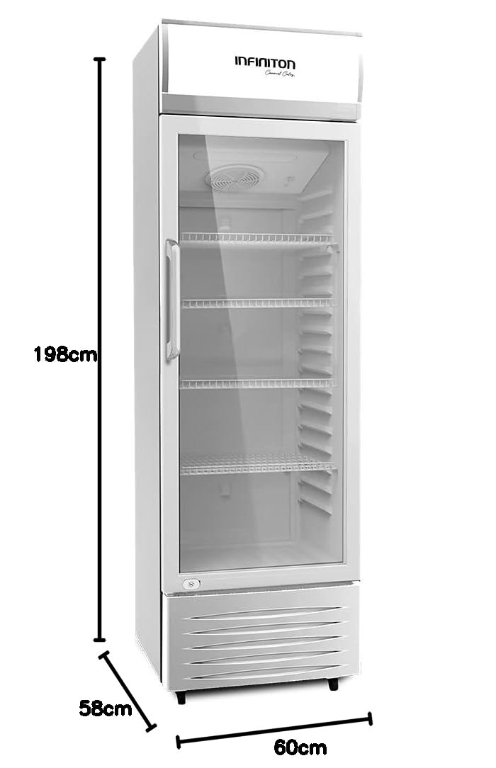 INFINITON Vitrina Frigorifica FCL-338-198 cm - Clase E, Puerta de cristal, Static Cooling System, Luz Led, Ruedas