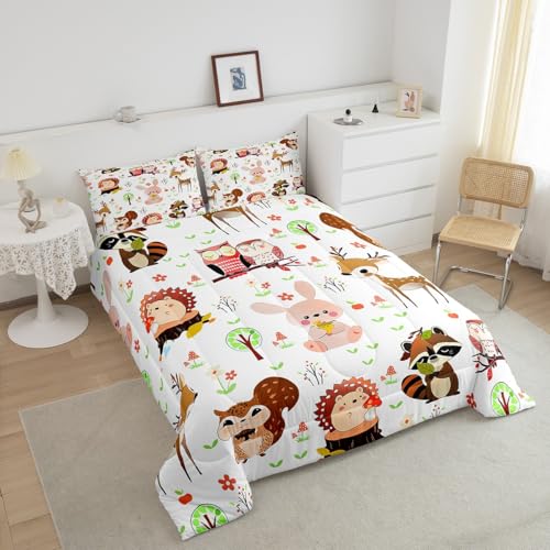 Image of Feelyou Cute Rabbit Bedding Set for Kids Toddler Queen Size Hedgehog Comforter Set Boys Girls Raccoon Owls Bedding Set Squirrel Duvet Insert 3Pcs