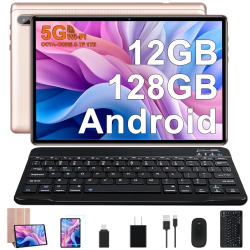 Image of Tablet 10 inch Android PC Octa-Core 2.0 GHz with 12GB RAM 128GB ROM TF 2TB, 5G WiFi, GMS, FHD IPS Touchscreen, BT 5.0,1280 * 800, 5+8 MP, 2026 Lastest 2 in 1 Tablet with Keyboard and Mouse, Rose Gold