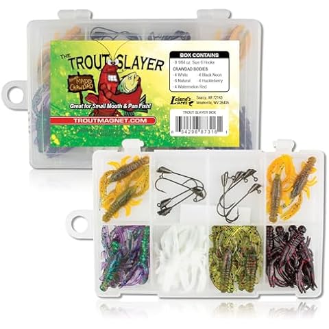 Trout Magnet Trout Slayer 28 Piece Fishing Kit, Includes 20 Crawdad Bodies and 8 Size 6 Long Shank Hooks, Great for Small Streams and Lakes, Catches All Species, White Cover