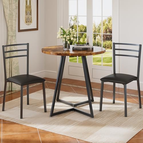 Image of VECELO Small Round Kitchen Table with 2 Upholstered Chairs, 3-Piece Wood Dinette Sets with Steel Frame for Breakfast Nook, Dining Room, and Small Space, Brown