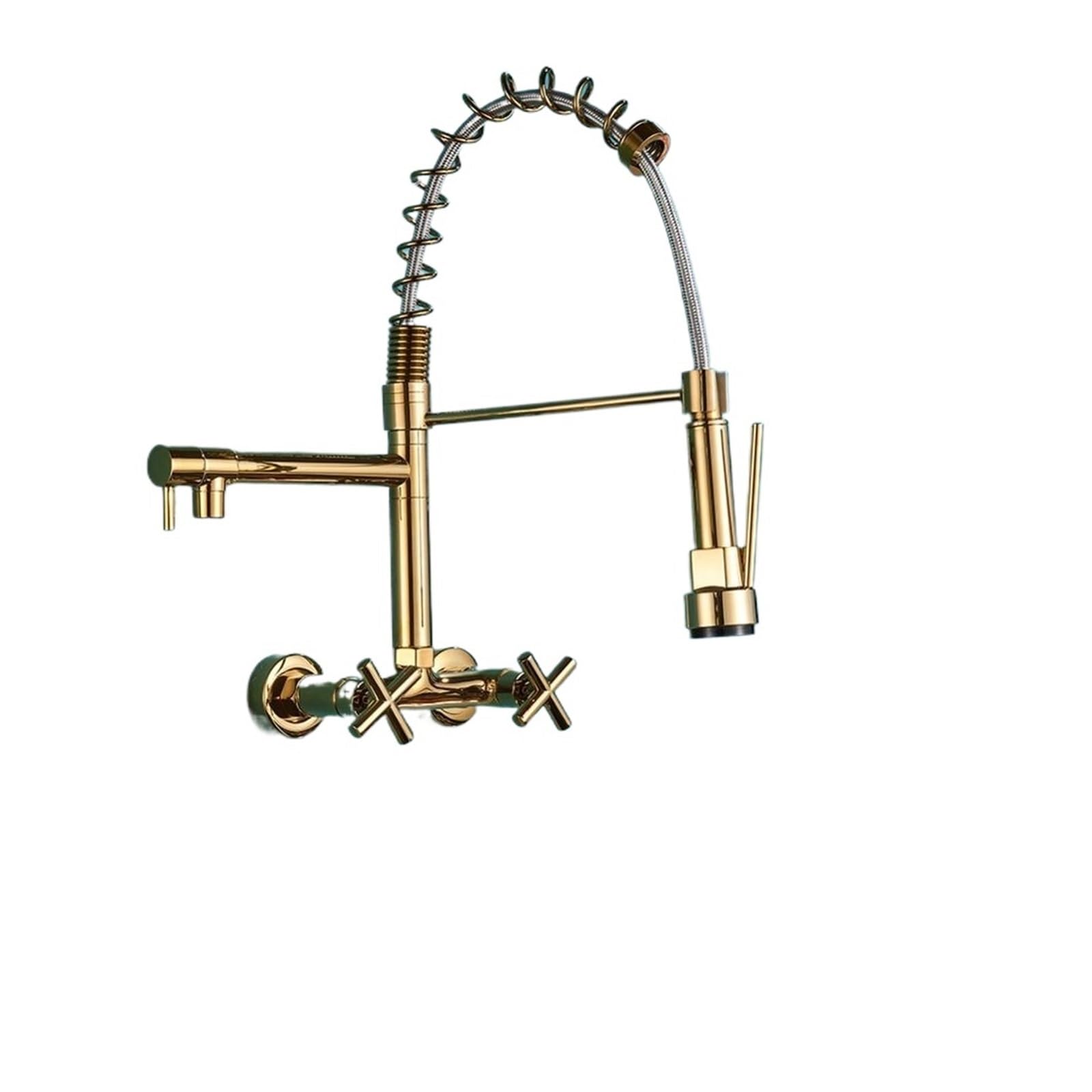 Gqnblvhzupdm Gold Kitchen Faucets, Kitchen Faucet Dual Handles Hot&Cold Mixer Water Tap, Wall Mounted Swivel Spout Spring Pull Down Faucets(Gold)