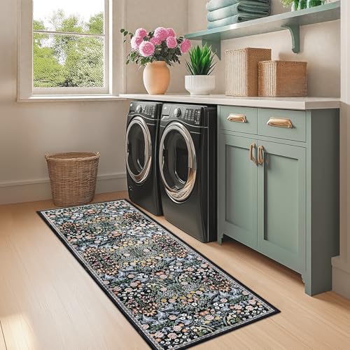 Runner Rug for Entryway: 2x6 Kitchen Rugs Non Slip Washable Ultra-Thin Soft Floral Carpet Indoor Stain Resistant Carpets for Hallway Bedroom Kitchen Laundry Bathroom Dorm Dark Black