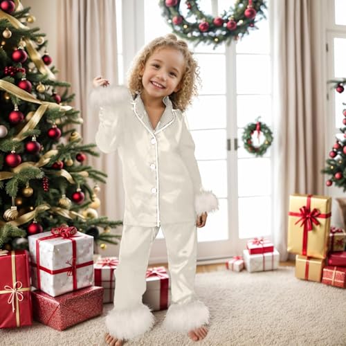 Satin Silk 𝐏ajamas for Girls Lightweight Fleece Long Sleeve Button Shirts Elastic Waist Pants Set Soft 𝗦leepwear3