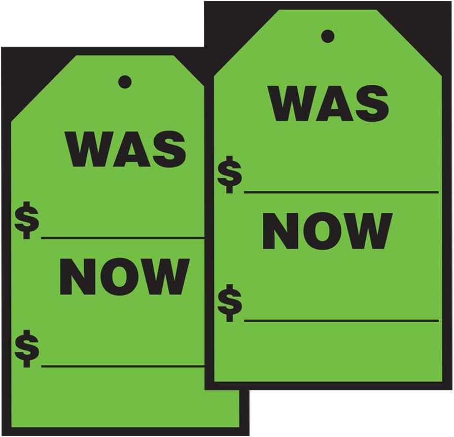 Window Price Sticker Hang Tag 'was/Now' - 7 x 11 Inch Car Window Price Tag Stickers, Large Windshield Pricing Sign for Car Dealerships Retail Stores, Pre-Punched with String, Green - Pack of 24