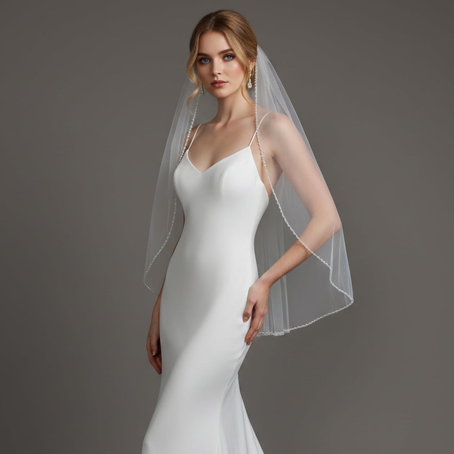 LOVFOIVER Wedding Veil for Bride Crystal Beaded Edge 1 Tier Fingertip Length Bridal Veil With Comb - Image 3