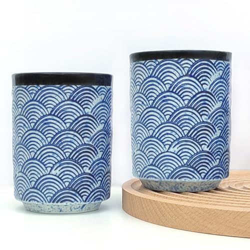 NIUKOMY Taza de Té Japonesa, Juego de 2 Tazas de Té de Porcelana, Taza sin Asa de Cerámica Chino, Azul, 275 ML