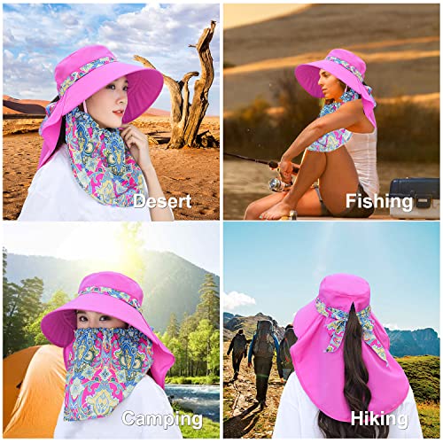 Image of Women Wide Brim Face Mask Sun Hat Detachable Neck Face Flap Ponytail UV Protection Visor Hat Garden Fishing Hiking