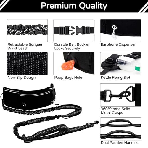 Skmeditec Hands Free Dog Leash with Waist Bag for Large Dog Walking, Shock Absorbing Bungee Leash with Zipper Pouch for Running, Dual Padded Handles & Adjustable Waist Belt