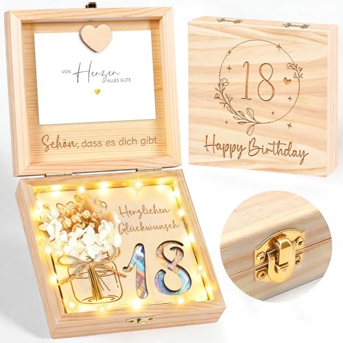 Geldgeschenke Geburtstag 18 Geschenkbox Holz Personalisierte 18 Geldgeschenk Verpackung mit LED Lichterkette Trockenblumen Geschenke zum 18. Geburtstag Mädchen Junge