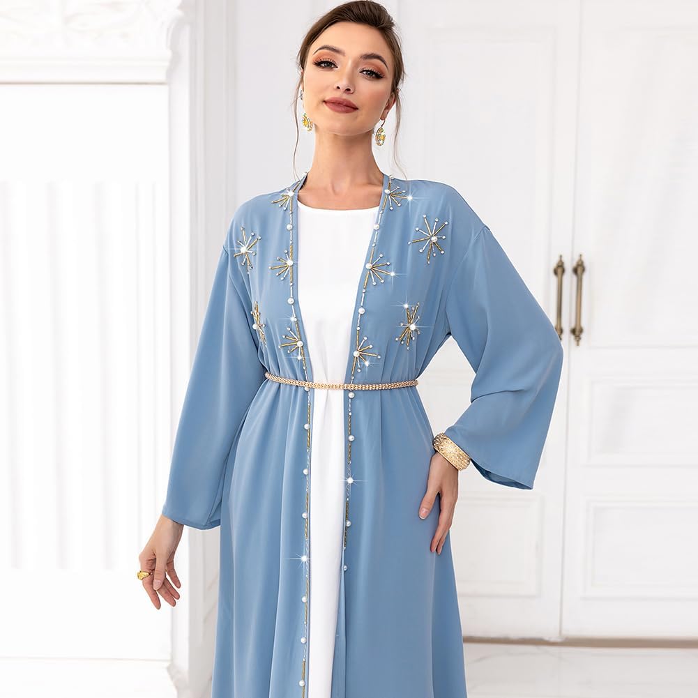 IDOPIP Muslim Abayas for Women Long Sleeve Open Front Cardigan Rhinestone Applique Islamic Dubai Maxi Kaftan Dress with Belt - Image 4
