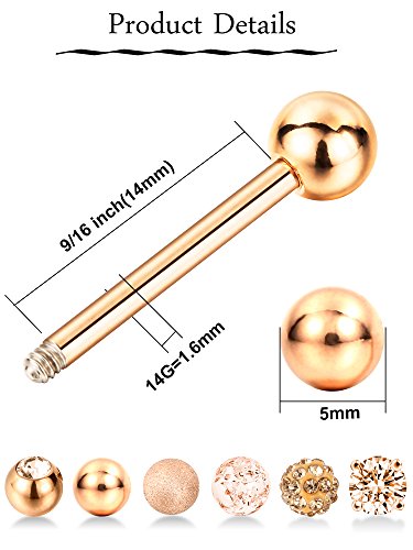 6 Pairs Nipple Tongue Ring Stainless Steel Barbell Rings Cubic Zirconia Nipplerings Body Piercing Jewelry, 14 Gauge (Rose Gold) #TOP2