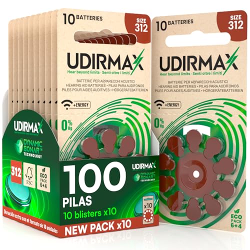 100 Pilas para Audífonos Tamaño 312 Udirmax PR41 Marrón Zinc-Air Eco Pack - 10 Ampollas Ecológicas de 10 Pilas