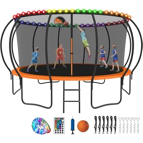 YORIN Tranpoline 8FT Tranpoline for Kids and Adults, Recreational Tranpoline with Basketball Hoop, Enclosure Net, Waterproof Light, Back Yard Heavy Duty Outdoor Pumpkin Tranpolines Cover