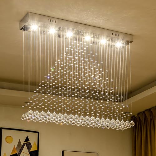 Contemporary Modern Crystal Chandelier Flush Mount Chandelier Rain Drop Lighting Led Ceiling Bathroom Fixtures Pendant Lamp for Living Dining Room Foyer Bedroom Hallway L32 X W8 X H26