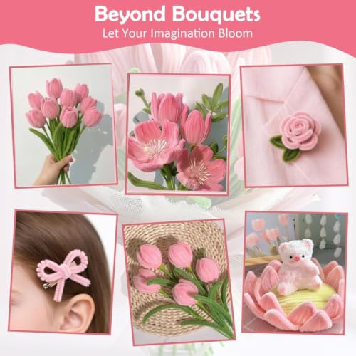 Image of YUNAMI Chenille Stems for DIY Flower Making - 400 Pcs Pipe Cleaners with Floral Wire, Tape, Stamen & Pearls - Premium Bouquet Supplies for Home Decor & Gifting (400, Pink)