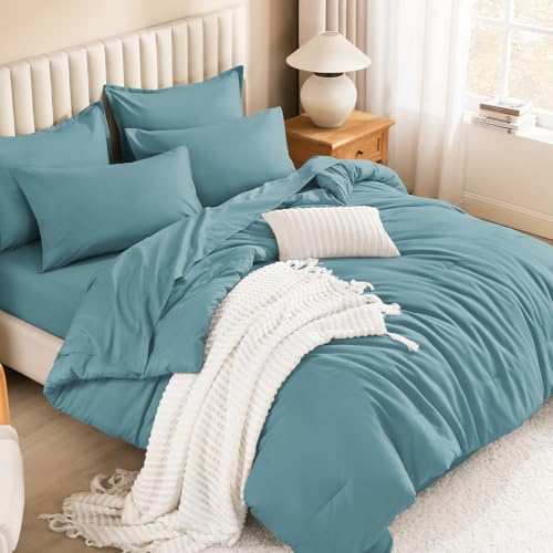 Image of Litanika King Size Comforter Set Grayish Teal - 7 Pieces Bed in a Bag King Bedding Comforter Sets, Solid Lightweight Bed Set with Comforter, Sheets, Pillowcases & Shams
