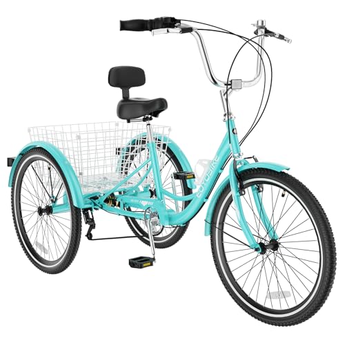 EOYOBIKE Adult Tricycle 3 Wheel Cruiser Bike, Low Step-Through Frame, Adjustable Seat & Handlebar, Double Wall Rims, Large Rear Basket, 24/26 Inch Wheels for Seniors