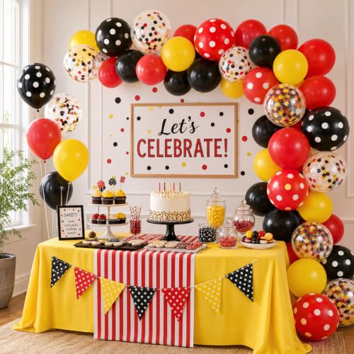 Image of TONIFUL 100 Pack Red Black Yellow Balloons - Classic Cartoon Colors Confetti Polka Dot Latex Balloon for Birthday Retro Baby Shower Mouse Themed Party Decorations