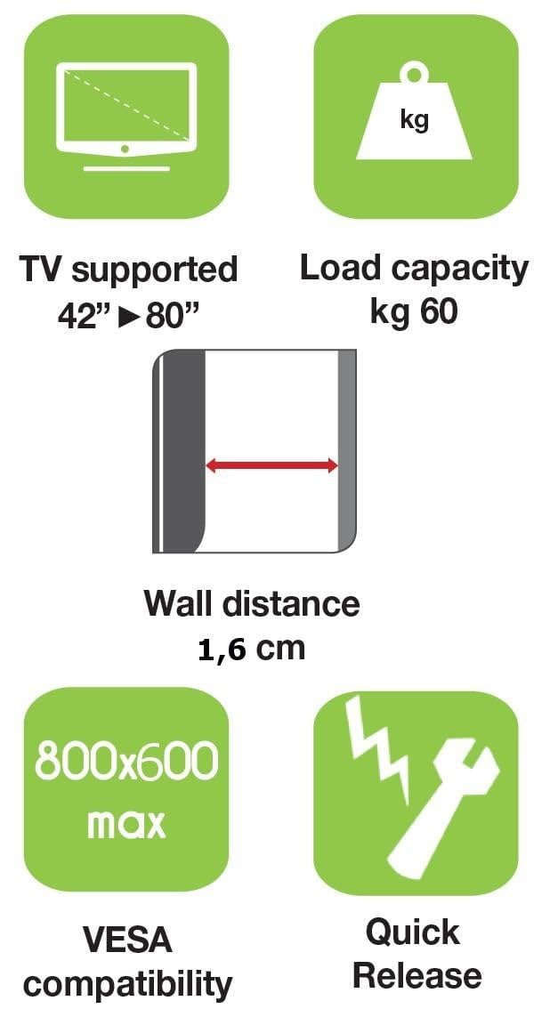 Techly 022649 Supporto a Muro per TV LED LCD 42-80" Ultra Slim Fisso H600mm Nero