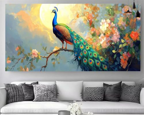 DIY Peinture Diamant 5D Paon et Fleurs Idée Cadeau Créatif Adulte Toile 70x140cm Z-P343