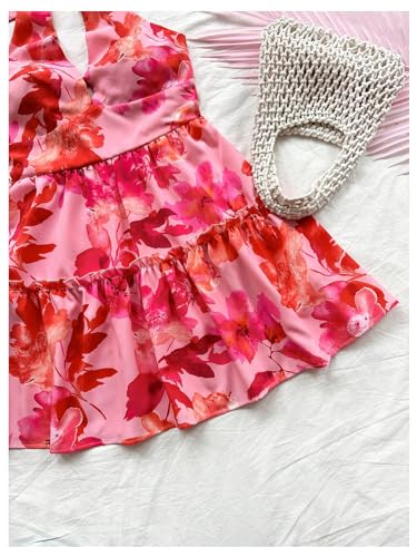 Floerns Women's Floral Print Sleeveless Halter Neck Layered Hem A Line Mini Dress4