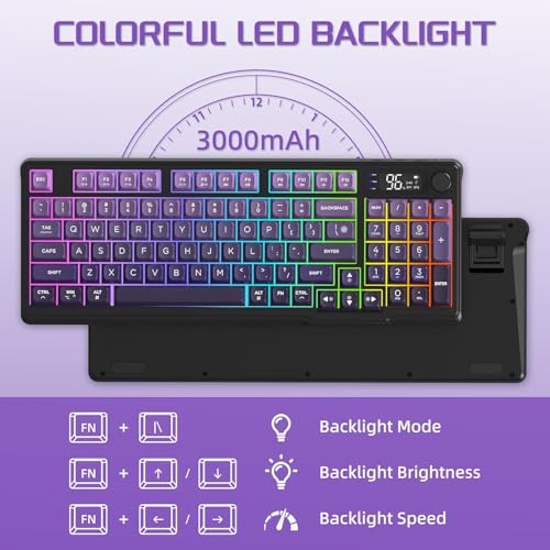 Image of Free wolf M96 Wireless Gaming Keyboard Creamy Membrane 94Key ANSI-Purple | Rainbow Backlight,Media Knob,LCD Screen,Dual Mode-Bluetooth /2.4Ghz,Ball Shape PBT Keycap,3000mAh battery for Win Mac PC Gamer