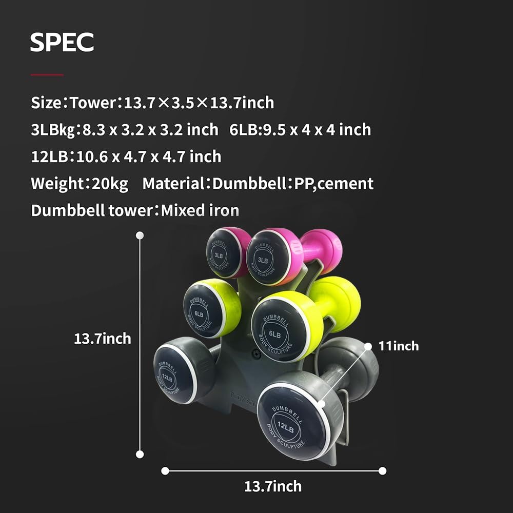 Body Sculpture Weights Set Free-Weight Dumbbell Set with Rack Set includes 3, 6 and 12 lb Weights ideal for men and women for small and large muscle groups