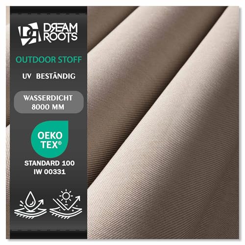 DreamRoots Outdoor Stoff Meterware Wasserdicht Leinenoptik UV Beständig - Markisenstoff mit PU-Beschichtung 240 g/m 8000 mm Wassersäule 60.000 Martindale - Beige Laufmeter