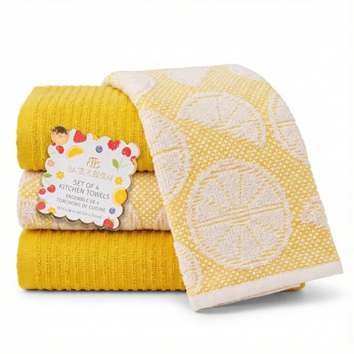 Image of Kitchen Towels Set of 4 Premium Hand Towels 18 x 28 Inch Large Tea Towels for Drying & Decor - Soft, Absorbent Cotton Yellow Ribbed and Lemon Citrus Weave Cute Hand Towels - Housewarming Gift