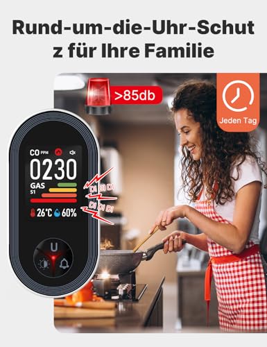 MOES Kohlenmonoxid- und Gasmelder mit Stecker, 4-in-1 CO-Melder mit Temperatur- & Luftfeuchtigkeitssensor, mit akustischem Alarm für LPG, Propan, Methan, Ethan & CO – für Haus & Wohnmobil geeignet