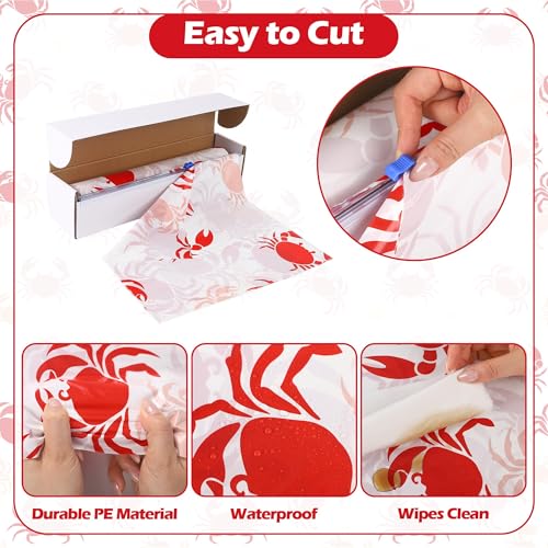 Image of Kochorie 100 Ft x 54 Inch Crab Boil Party Tablecloth Roll with Cutter Box Disposable Plastic Crab Table Cover Roll Waterproof Table Cover for Crawfish Birthday Indoor Outdoor Party Supplies Decor
