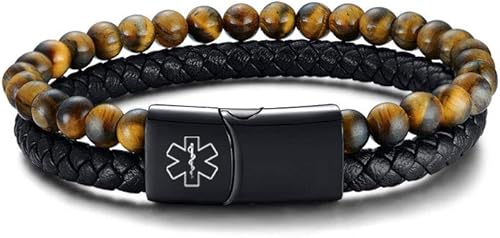 Miniatura 2 de VNOX Pulsera Brazalete de Cuero Trenzado de Dos Hebras con ID de Alerta Médica con Grabado Personalizado, Brazalete de Cuerda con Acero Inoxidable