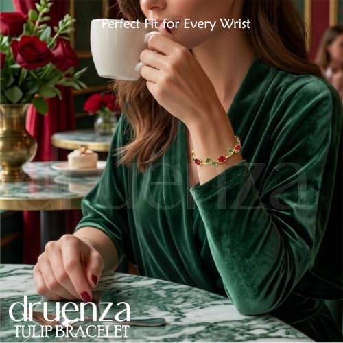 Image of druenza Tulip Bracelet for Women Stylish | Gold Plated Floral Crystal Jewellery | Elegant Adjustable Chain Bracelet for Girls Stylish | Trendy Daily Wear Party Jewelry Gift for Women & Girls