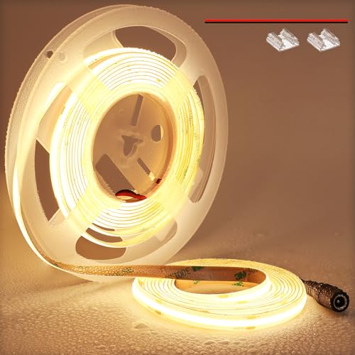 TOPAI 24V COB LED Strip Light 5M Warm White 3000K Waterproof IP65 CRI90 Super Bright 4000Lm Self Adhesive 480LEDs/M Dotless Uniform for Room Cabinet Home DIY Lighting