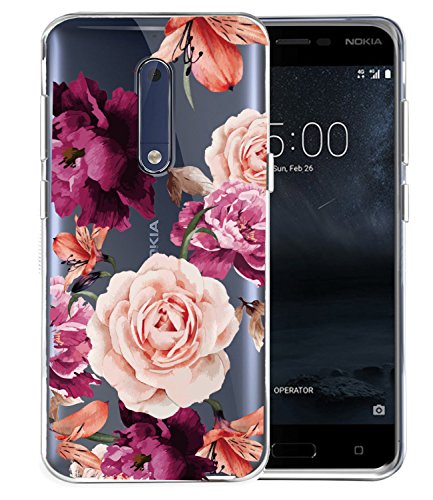 Nokia 5 Case, Nokia 5 Case with Flowers, BAISRKE Slim Shockproof Clear Floral Pattern Soft Flexible TPU Back Cove for Nokia 5 (2017) [Purple Pink]