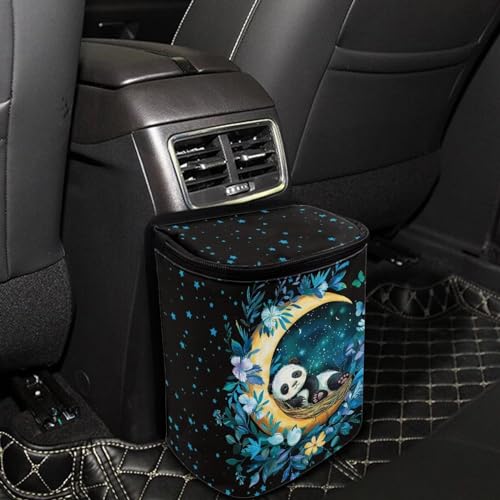 Image of Talayituse Panda Moon Flower Print Car Trash Can with Adjustable Straps, Foldable Car Trash Bag Bin Car Garbage Bag Multipurpose Storage Box for Vehicle Travel Camping Picnicing
