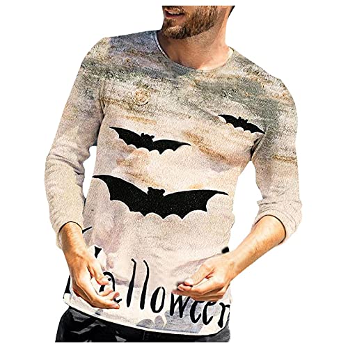 T-shirt pour homme HJHGJ - Imprimé graphique effrayant - Manches longues - Col rond - Automne - Hiver - Grande taille - Ample - Mélange de polyester et de coton - Doux et confortable, kaki, L Cover